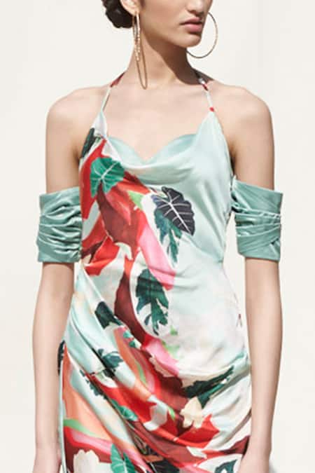 Mandira Wirk Resort_Green Crepe Satin Printed Cold Shoulder Slip Dress _at_Aza_Fashions
