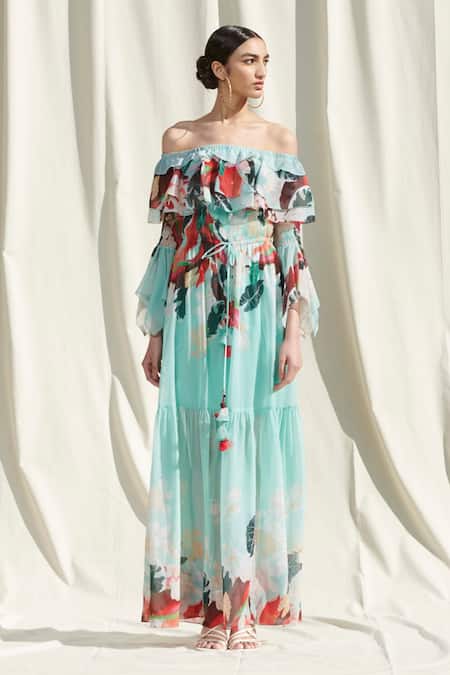 Mandira Wirk Resort_Green Georgette Printed Off Shoulder Popover Dress_Online_at_Aza_Fashions