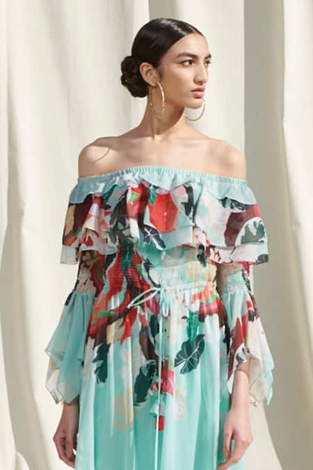 Buy_Mandira Wirk Resort_Green Georgette Printed Off Shoulder Popover Dress_Online_at_Aza_Fashions
