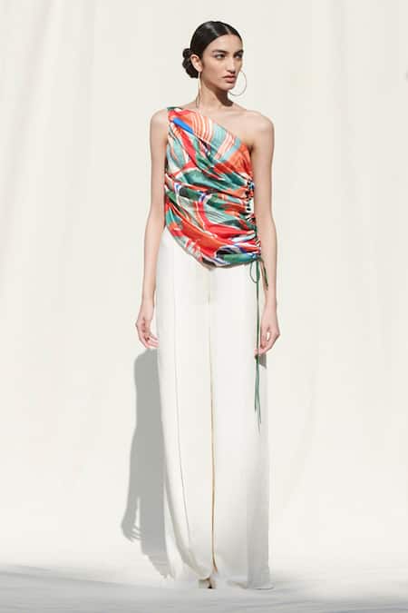 Mandira Wirk Resort_Multi Color Crepe Satin One Shoulder Draped Top And Pant Set_Online_at_Aza_Fashions