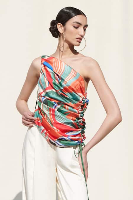 Buy_Mandira Wirk Resort_Multi Color Crepe Satin One Shoulder Draped Top And Pant Set_Online_at_Aza_Fashions