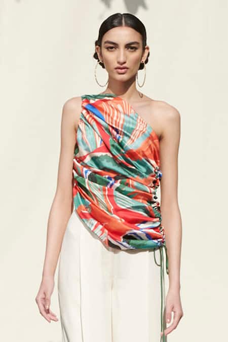 Shop_Mandira Wirk Resort_Multi Color Crepe Satin One Shoulder Draped Top And Pant Set_Online_at_Aza_Fashions