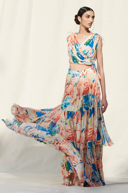 Buy Mandira Wirk Multi Color Crinkled Chiffon Draped Printed Crop Top And Skirt Set Online at Aza Fashions Buy_Mandira Wirk_Multi Color Crinkled Chiffon Draped Printed Crop Top And Skirt Set_Online_at_Aza_Fashions