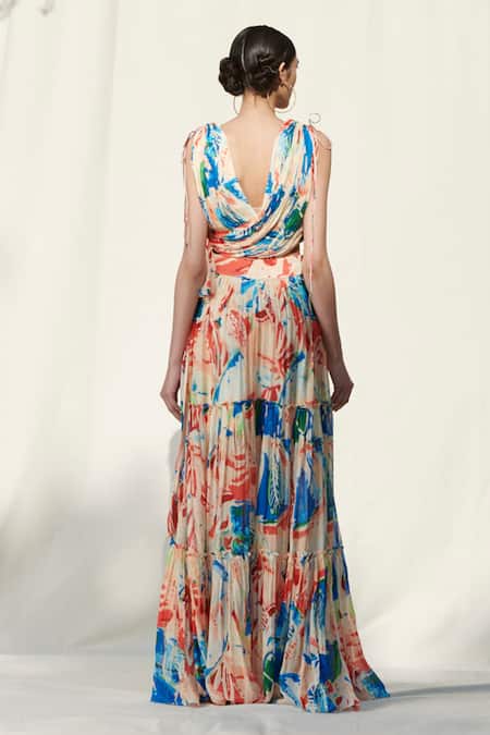 Shop Mandira Wirk Multi Color Crinkled Chiffon Draped Printed Crop Top And Skirt Set at Aza Fashions Shop_Mandira Wirk_Multi Color Crinkled Chiffon Draped Printed Crop Top And Skirt Set_at_Aza_Fashions