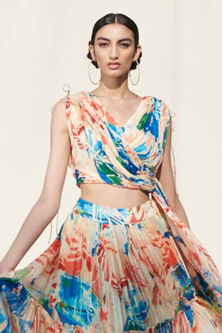 Shop Mandira Wirk Multi Color Crinkled Chiffon Draped Printed Crop Top And Skirt Set Online at Aza Fashions Shop_Mandira Wirk_Multi Color Crinkled Chiffon Draped Printed Crop Top And Skirt Set_Online_at_Aza_Fashions