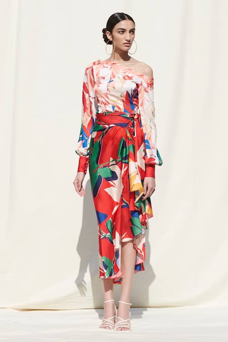 Mandira Wirk Resort_Red Crepe Satin One Shoulder Printed Top And Skirt Set_Online_at_Aza_Fashions