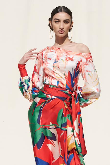 Buy_Mandira Wirk Resort_Red Crepe Satin One Shoulder Printed Top And Skirt Set_Online_at_Aza_Fashions