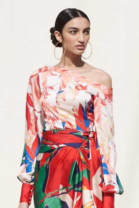 Shop_Mandira Wirk Resort_Red Crepe Satin One Shoulder Printed Top And Skirt Set_Online_at_Aza_Fashions