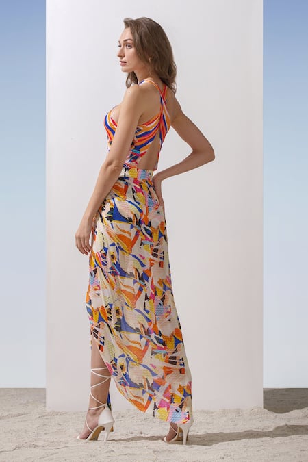 Mandira Wirk Resort Multi Color Chiffon, Spandex Geometric Pattern Criss Print Bodysuit With Wrap Online at Aza Fashions Mandira Wirk Resort_Multi Color Chiffon, Spandex Geometric Pattern Criss Print Bodysuit With Wrap _Online_at_Aza_Fashions