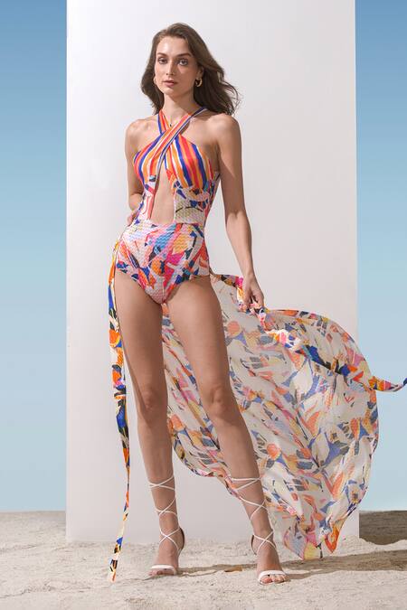 Buy Mandira Wirk Resort Multi Color Chiffon, Spandex Geometric Pattern Criss Print Bodysuit With Wrap Online at Aza Fashions Buy_Mandira Wirk Resort_Multi Color Chiffon, Spandex Geometric Pattern Criss Print Bodysuit With Wrap _Online_at_Aza_Fashions