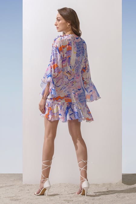 Mandira Wirk Resort Blue Chiffon, Spandex Marbling Pattern Print Bodysuit With Overlay Online at Aza Fashions Mandira Wirk Resort_Blue Chiffon, Spandex Marbling Pattern Print Bodysuit With Overlay _Online_at_Aza_Fashions