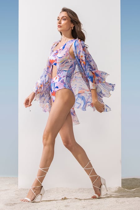 Buy Mandira Wirk Resort Blue Chiffon, Spandex Marbling Pattern Print Bodysuit With Overlay Online at Aza Fashions Buy_Mandira Wirk Resort_Blue Chiffon, Spandex Marbling Pattern Print Bodysuit With Overlay _Online_at_Aza_Fashions