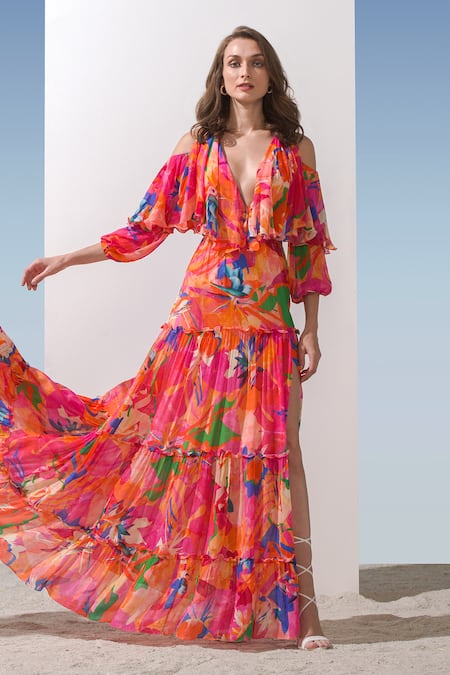 Mandira Wirk Tiered Abstract Print Gown 