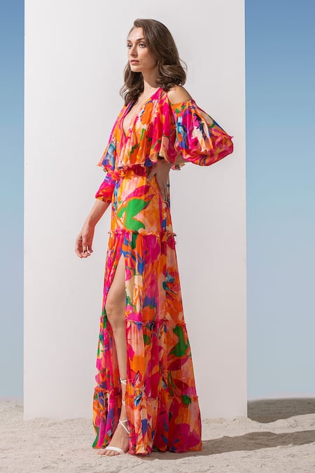 Shop_Mandira Wirk Resort_Pink Chiffon Abstract Pattern Plunge V Neck Tiered Print Gown _Online_at_Aza_Fashions