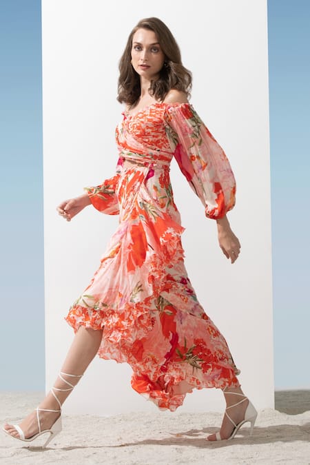 Buy_Mandira Wirk Resort_Coral Chiffon Pattern Sweetheart Neck Frill Hem Print Dress _Online_at_Aza_Fashions