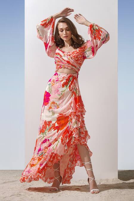 Shop_Mandira Wirk Resort_Coral Chiffon Pattern Sweetheart Neck Frill Hem Print Dress _Online_at_Aza_Fashions