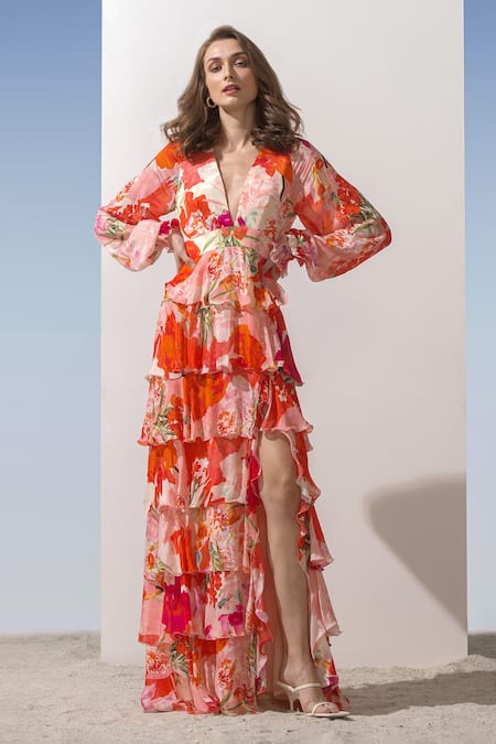 Mandira Wirk Coral Chiffon Printed Pattern Plunge V Neck Tiered Dress 