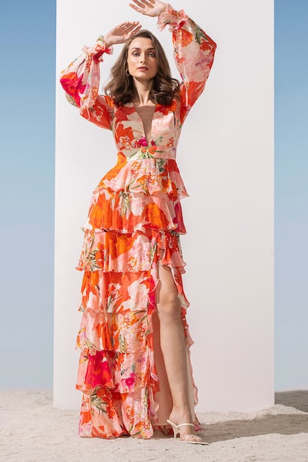 Buy Mandira Wirk Resort Coral Chiffon Pattern Plunge V Neck Tiered Print Dress Online at Aza Fashions Buy_Mandira Wirk Resort_Coral Chiffon Pattern Plunge V Neck Tiered Print Dress _Online_at_Aza_Fashions
