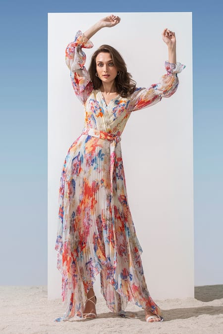 Bohemian printed colour v neck long 2024 sleeve pleated dress