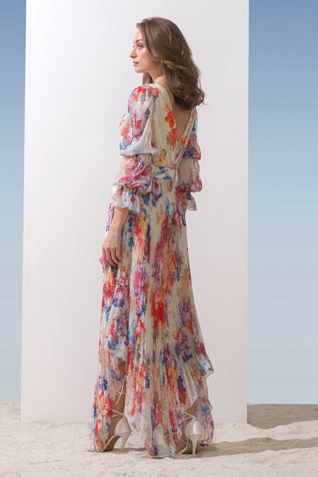 Mandira Wirk Resort Multi Color Viscose Georgette, Lurex Thick + Poly Chiffon Pleated Print Dress Online at Aza Fashions Mandira Wirk Resort_Multi Color Viscose Georgette, Lurex Thick + Poly Chiffon Pleated Print Dress _Online_at_Aza_Fashions