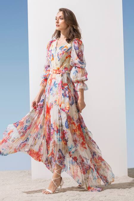 Buy Mandira Wirk Resort Multi Color Viscose Georgette, Lurex Thick + Poly Chiffon Pleated Print Dress Online at Aza Fashions Buy_Mandira Wirk Resort_Multi Color Viscose Georgette, Lurex Thick + Poly Chiffon Pleated Print Dress _Online_at_Aza_Fashions