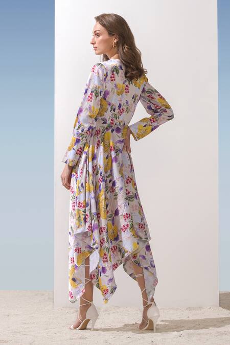 Shop Mandira Wirk Yellow Satin Floral Pattern Lapel Collar Print Dress at Aza Fashions Shop_Mandira Wirk_Yellow Satin Floral Pattern Lapel Collar Print Dress_at_Aza_Fashions