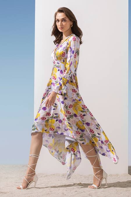 Mandira Wirk Yellow Satin Floral Pattern Lapel Collar Print Dress Online at Aza Fashions Mandira Wirk_Yellow Satin Floral Pattern Lapel Collar Print Dress_Online_at_Aza_Fashions