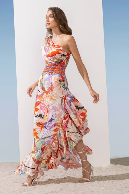 Mandira Wirk Resort_Orange Satin Floral Pattern One Shoulder Printed Waterfall Bottom Gown_Online_at_Aza_Fashions