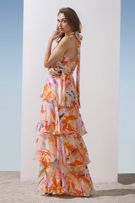 Mandira Wirk Resort Orange Chiffon Floral Pattern Plunge V Neck Print Tiered Dress Online at Aza Fashions Mandira Wirk Resort_Orange Chiffon Floral Pattern Plunge V Neck Print Tiered Dress _Online_at_Aza_Fashions