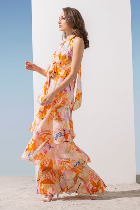 Buy Mandira Wirk Resort Orange Chiffon Floral Pattern Plunge V Neck Print Tiered Dress Online at Aza Fashions Buy_Mandira Wirk Resort_Orange Chiffon Floral Pattern Plunge V Neck Print Tiered Dress _Online_at_Aza_Fashions