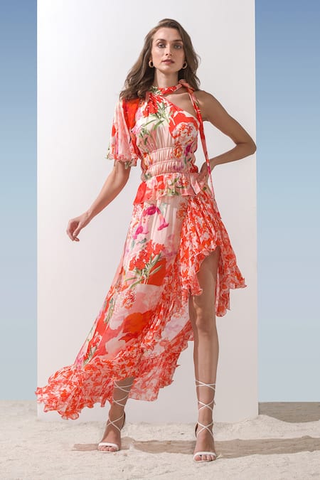 Coral hot sale chiffon dress