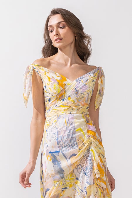 Buy_Mandira Wirk Resort_Yellow Chiffon Abstract Pattern One Shoulder Print Layered Bottom Gown_Online_at_Aza_Fashions