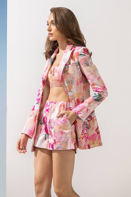Buy_Mandira Wirk Resort_Pink Satin Floral Pattern Bustier Plunge V Neck, Jacket Printed And Shorts Set _Online_at_Aza_Fashions