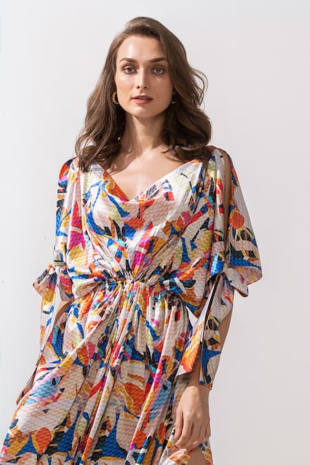 Shop_Mandira Wirk_Multi Color Satin Geometric Pattern V Cowl Neck Print Kaftan_Online_at_Aza_Fashions