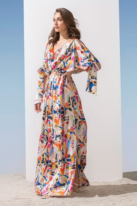 Buy_Mandira Wirk_Multi Color Satin Geometric Pattern V Cowl Neck Print Kaftan_Online_at_Aza_Fashions