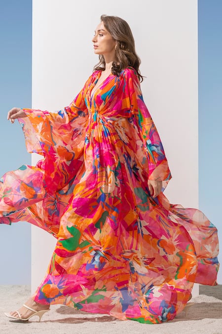 Buy_Mandira Wirk Resort_Pink Chiffon Floral Pattern V Neck Print Kaftan _Online_at_Aza_Fashions