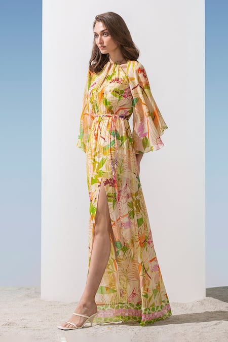 Buy Mandira Wirk Resort Green Viscose Georgette, Silver And Gold Lurex (line) Floral Print Slit Dress Online at Aza Fashions Buy_Mandira Wirk Resort_Green Viscose Georgette, Silver And Gold Lurex (line) Floral Print Slit Dress _Online_at_Aza_Fashions