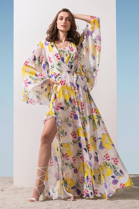 Olivia Mark – Floral-print ruched high-slit satin dress – Olivia Mark