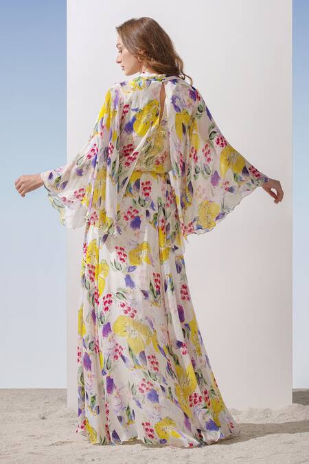 Buy Yellow Chiffon + Georgette Brasso Printed Floral Pattern Slit