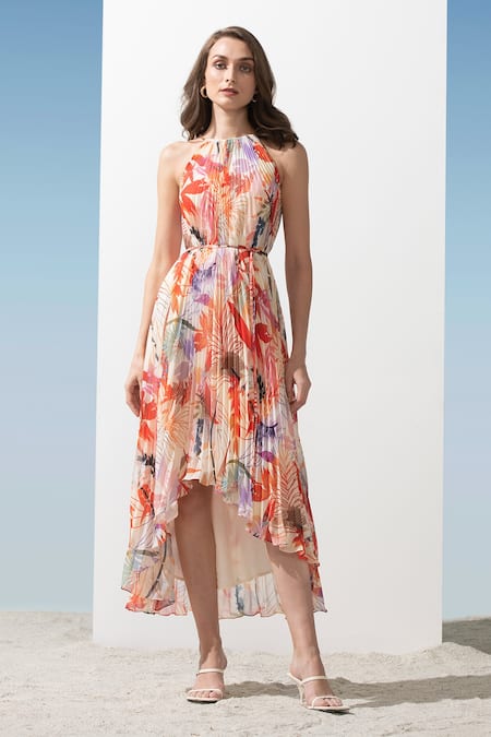 Mandira Wirk Resort Pleated Floral Print Dress 