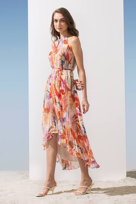 Buy Mandira Wirk Resort Orange Poly Georgette Floral Pattern Round Pleated Print Dress Online at Aza Fashions Buy_Mandira Wirk Resort_Orange Poly Georgette Floral Pattern Round Pleated Print Dress _Online_at_Aza_Fashions