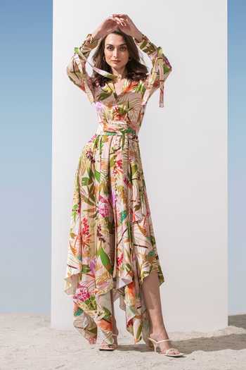 Buy Mandira Wirk Green Satin Floral Pattern V Neck Print Asymmetric Dress at Aza Fashions Buy_Mandira Wirk_Green Satin Floral Pattern V Neck Print Asymmetric Dress_at_Aza_Fashions
