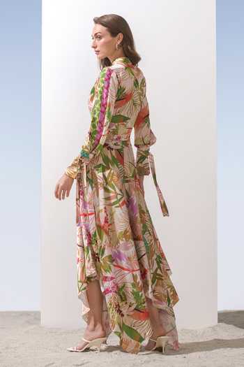 Shop Mandira Wirk Green Satin Floral Pattern V Neck Print Asymmetric Dress at Aza Fashions Shop_Mandira Wirk_Green Satin Floral Pattern V Neck Print Asymmetric Dress_at_Aza_Fashions
