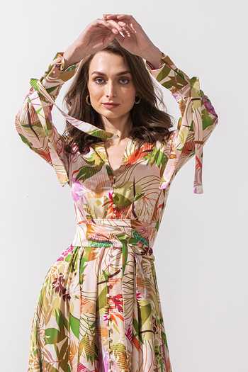 Shop Mandira Wirk Green Satin Floral Pattern V Neck Print Asymmetric Dress Online at Aza Fashions Shop_Mandira Wirk_Green Satin Floral Pattern V Neck Print Asymmetric Dress_Online_at_Aza_Fashions