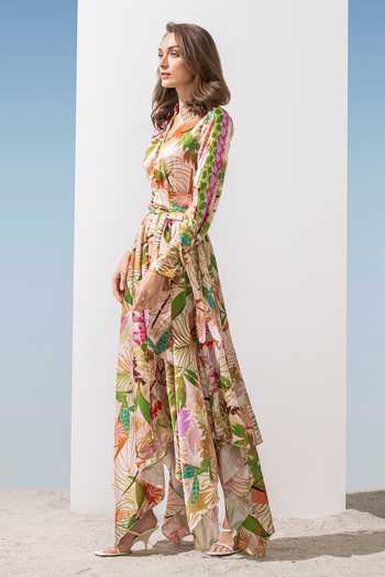 Mandira Wirk Green Satin Floral Pattern V Neck Print Asymmetric Dress Online at Aza Fashions Mandira Wirk_Green Satin Floral Pattern V Neck Print Asymmetric Dress_Online_at_Aza_Fashions
