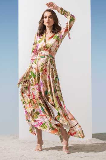 Buy Mandira Wirk Green Satin Floral Pattern V Neck Print Asymmetric Dress Online at Aza Fashions Buy_Mandira Wirk_Green Satin Floral Pattern V Neck Print Asymmetric Dress_Online_at_Aza_Fashions