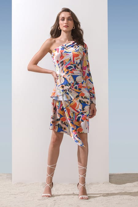 Mandira Wirk Resort Geometric Print One Shoulder Dress 