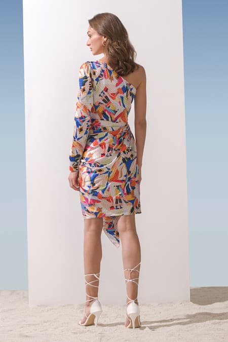 Mandira Wirk Resort Geometric Print One Shoulder Dress 