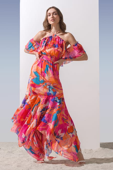 Mandira Wirk Resort Printed Chain Halter Neck Dress 