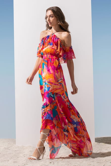 Buy Mandira Wirk Resort Pink Chiffon Abstract Pattern Halter Neck Printed Chain Dress Online at Aza Fashions Buy_Mandira Wirk Resort_Pink Chiffon Abstract Pattern Halter Neck Printed Chain Dress _Online_at_Aza_Fashions